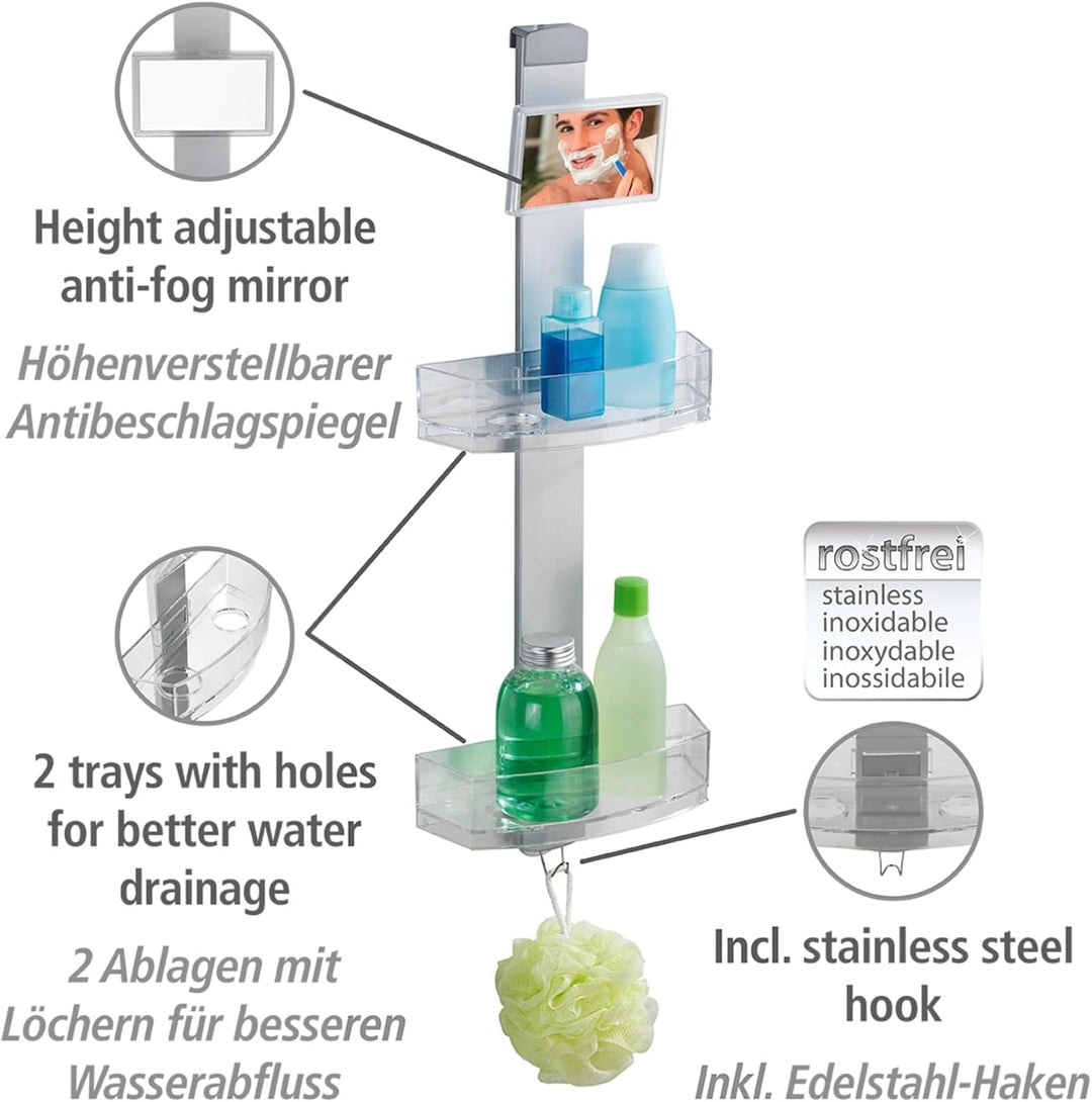 WENKO Duschcaddy Premium, Duschregal mit Antibeschlagspiegel, 2 Ablagen & Edelstahlhaken, einfaches