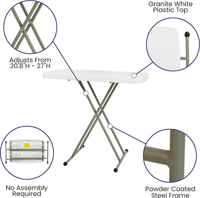 Flash Furniture Elon Klapptisch – Granitweiss – Höhenverstellbar – 76,2 cm – TV-Tablett – Laptoptisc