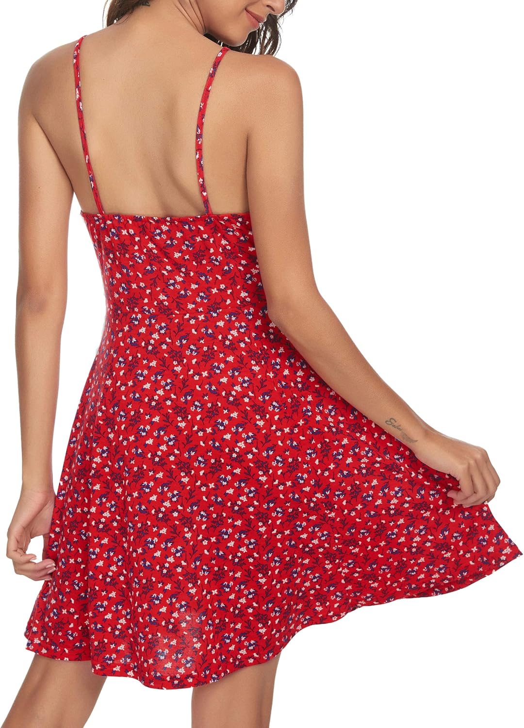 Missufe Damen Sommerkleid Swing Blumenkleid Freizeitkleid Spaghettiträger Cami Kleider XS Rot, XS Ro