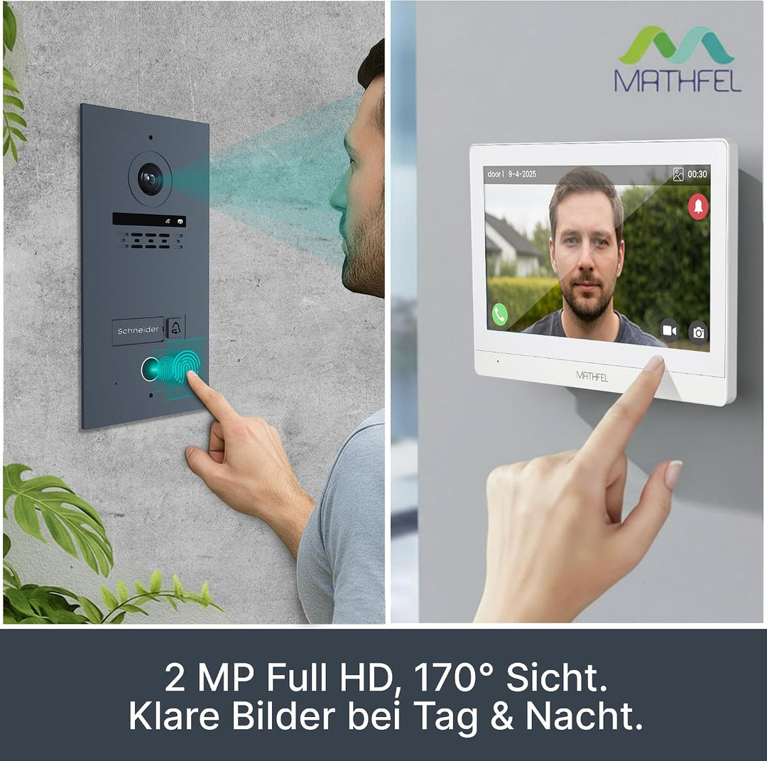 MATHFEL 2-Draht Video Türsprechanlage Einfamilienhaus – Full HD 170° Kamera mit WLAN – 1×10-Zoll Tou