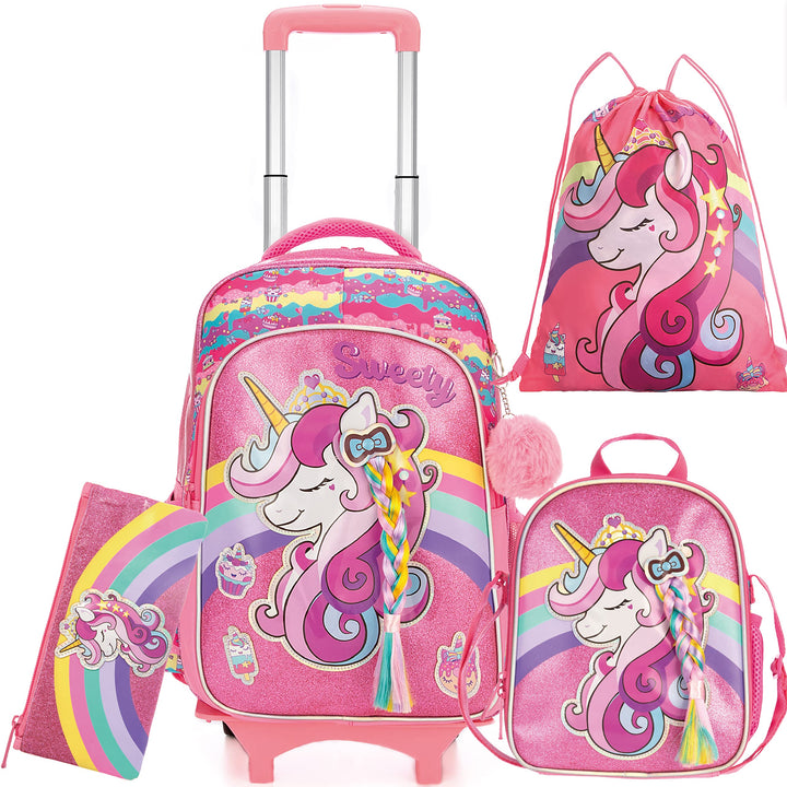 HTgroce Schulranzen Schulranzen mit Rollen Einhorn Trolley für Mädchen,16inch Schulranzen Mädchen Ei