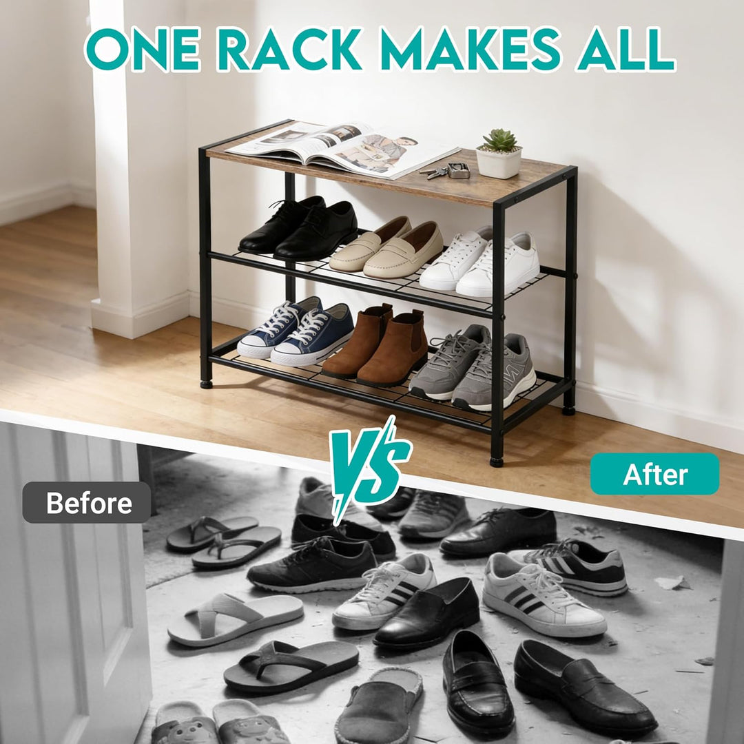 Schuhregal, Schuhregal 3 Ebenen mit Sitzgelegenheit, Metall-Schuhablage für Kleiderschrank, Flur, Ei