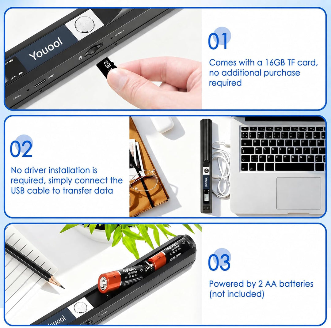 Handscanner Dokumentenscanner, A4 900 DPI Hohe Auflösung Farbfoto Portable Scanner, JPG/PDF Format U