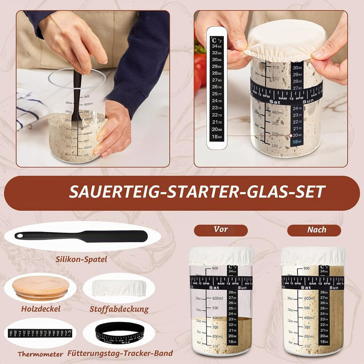 Sauerteig Starter Set mit 26cm Emaille Gusseisen Topf, Rund &amp; Oval Gärkörbchen mit 900ml Sauerteig G