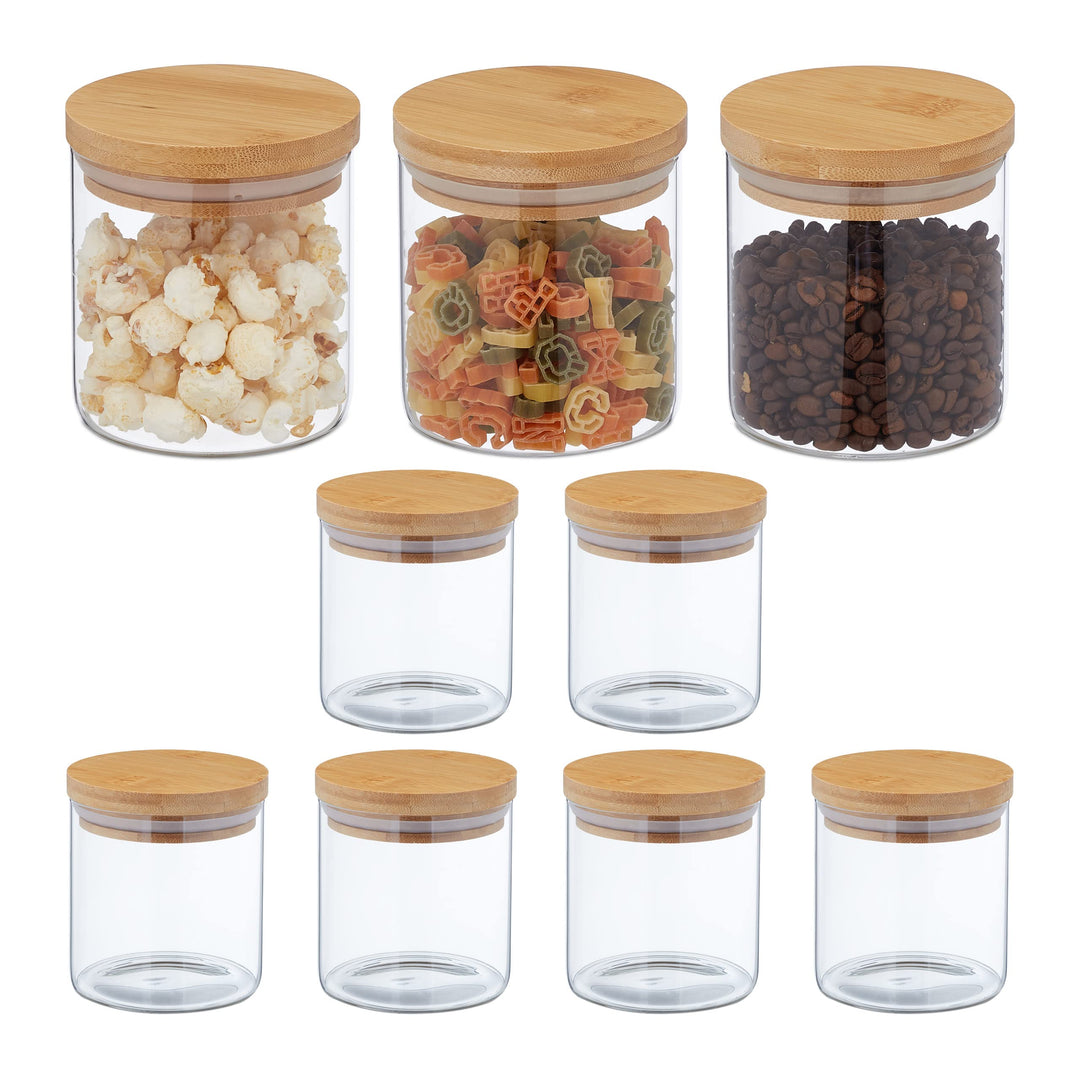 Relaxdays Vorratsgläser mit Bambusdeckel, 9er Set, kleine Vorratsdosen aus Glas, 500 ml, luftdicht,