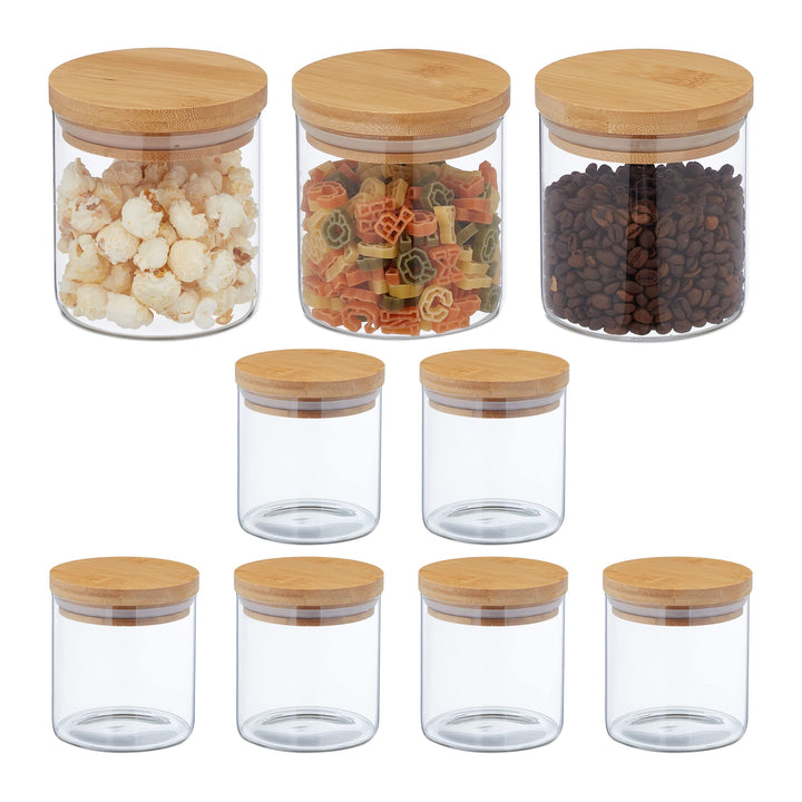 Relaxdays Vorratsgläser mit Bambusdeckel, 9er Set, kleine Vorratsdosen aus Glas, 500 ml, luftdicht,