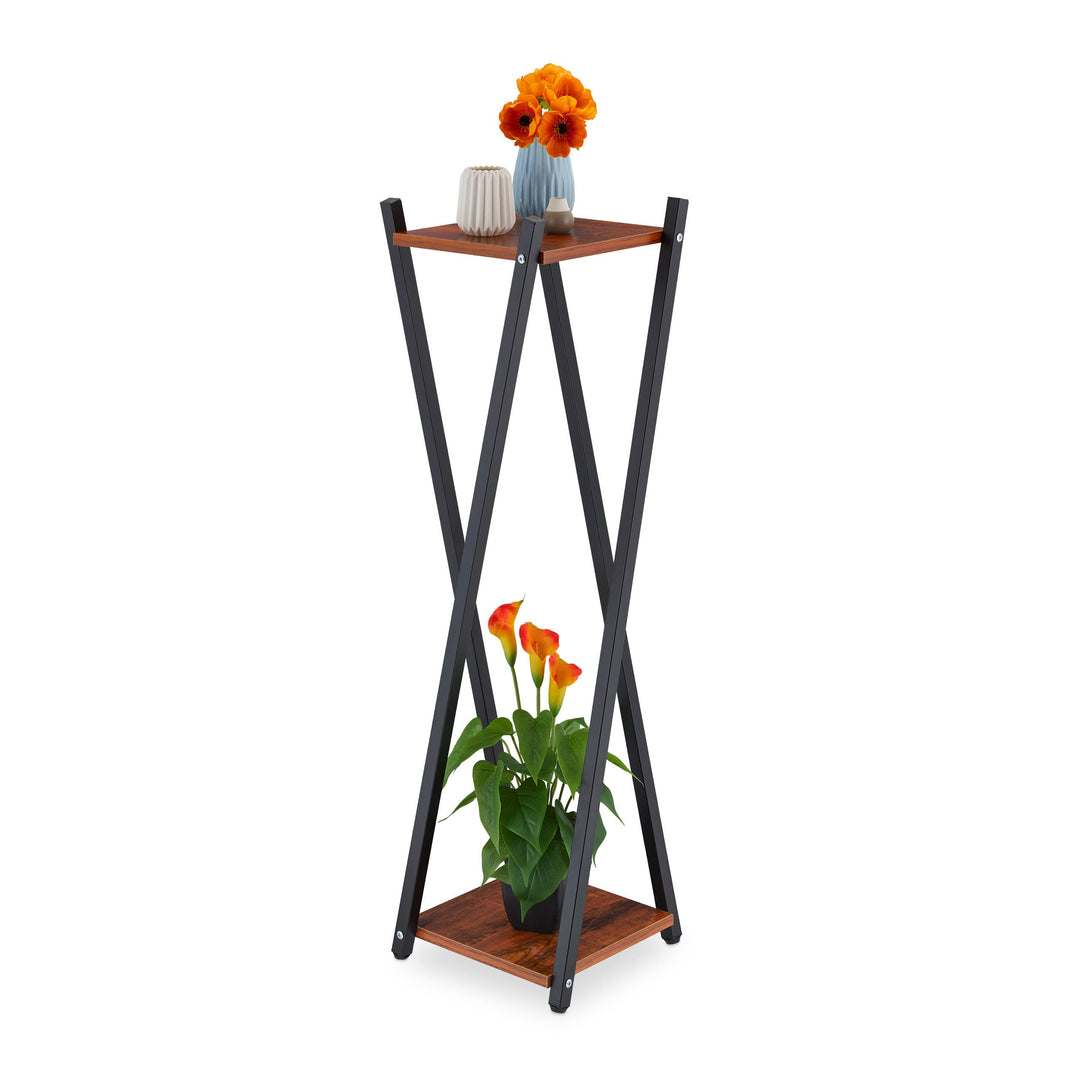 Relaxdays Blumenständer, 2 Etagen in Holzoptik, Metall/MDF, moderner Blumenhocker, HBT: 99x29x29 cm,