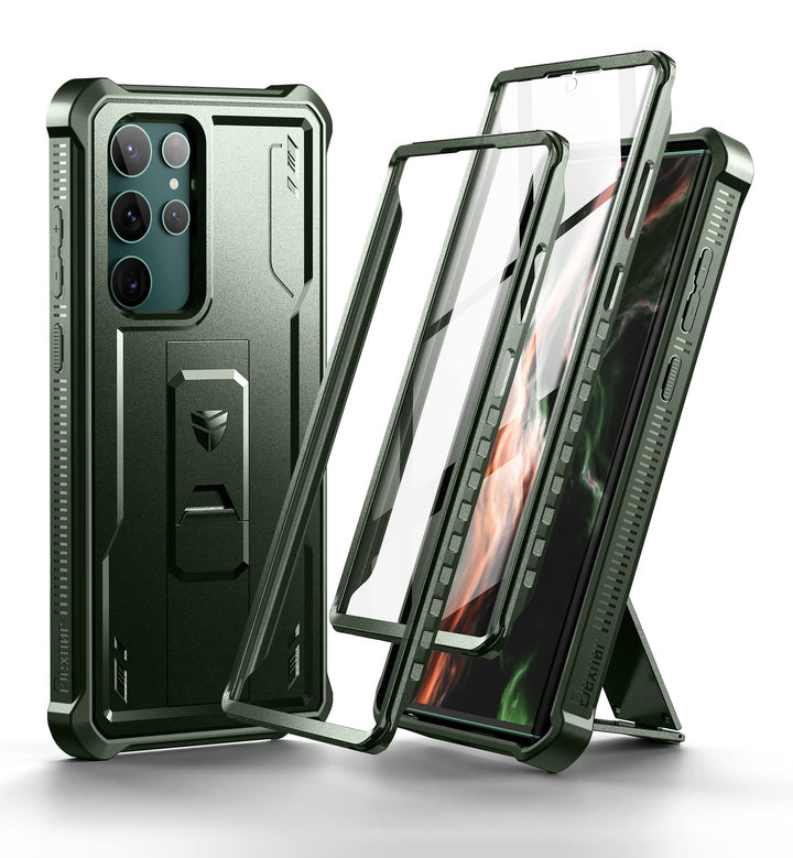 Dexnor Kompatibel mit Hülle Samsung Galaxy S22 Ultra【Doppelter Frontrahmen & Ständer】, Stossdämpfer