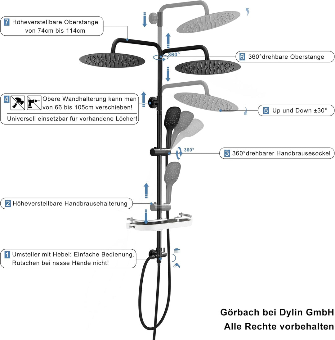 Görbach Duschsystem Duschset ohne Duscharmatur Überkopfbrauseset matt schwarz rund (D20MB+Ablage)