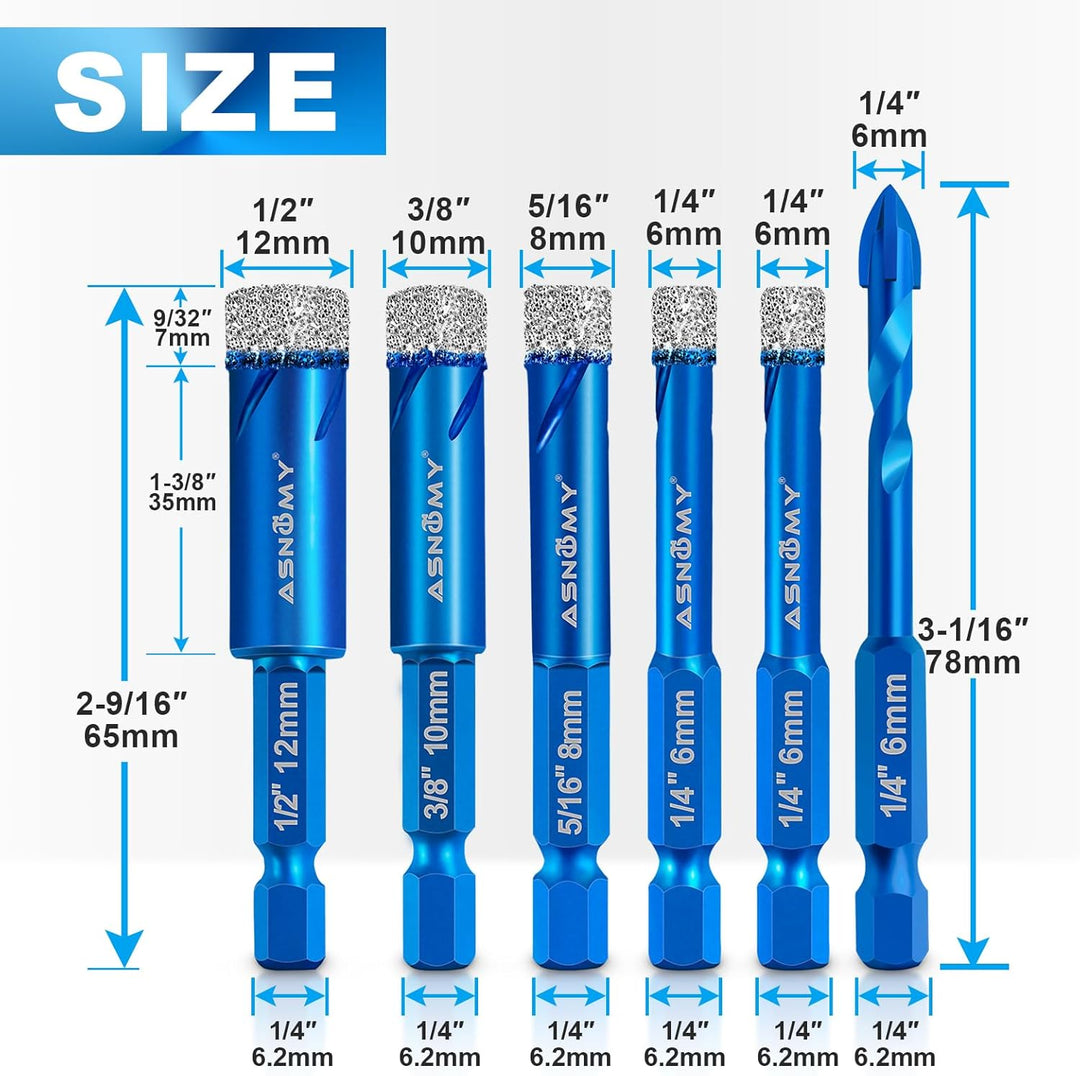 ASNOMY 6-tlg. Diamantbohrer Fliesenbohrer Glasbohrer Set [6, 6, 8, 10, 12mm] mit 6mm Karbid-Anbohrer