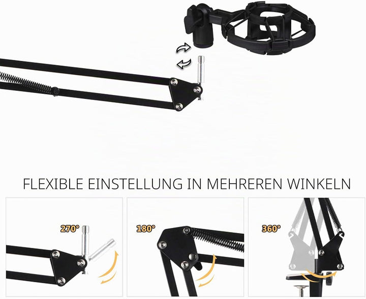 Profi Studio Kondensator Mikrofon Set, Micro mit Arm Ständer Filter Foam Kit USB Adapter Mikrofon Se