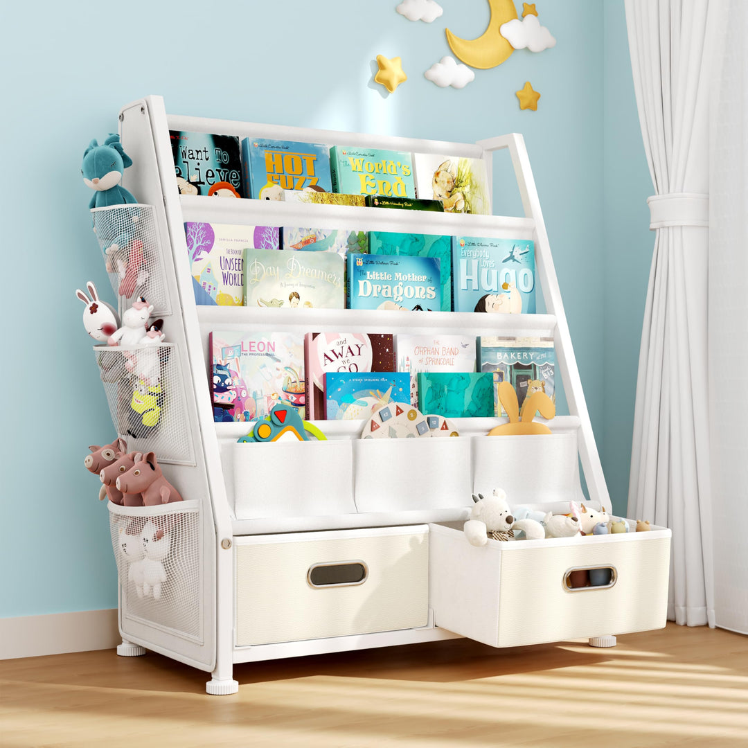 GoTiling Kinder Bücherregal Kinderzimmer Spielzeugregal: Bücherregal mit 2 Aufbewahrungsboxen und 3