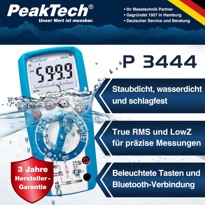 PeakTech 3444 – True RMS Digital Multimeter, Wasserdicht (IP67), 6000 Counts, Extrem Robustes Gehäus