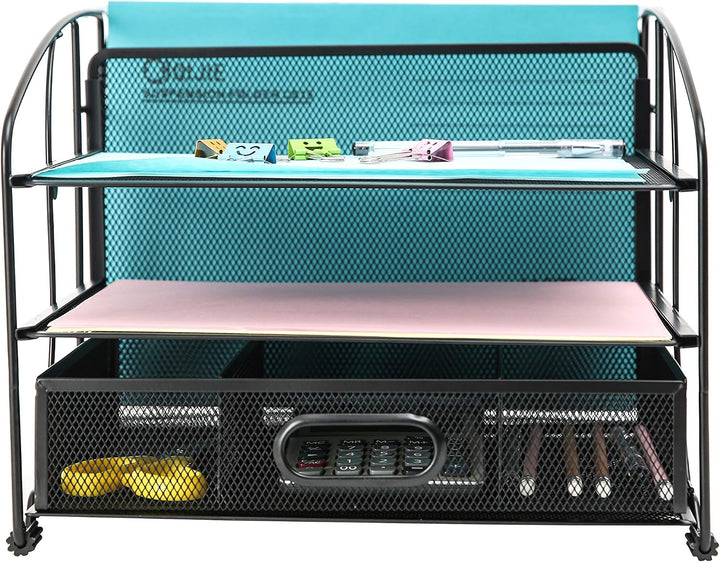 EXERZ Tisch-Organizer Aus Metalldraht Bürobedarf 3 Tabletts/Desktop-Aktenhalter Mit Schiebeschublade