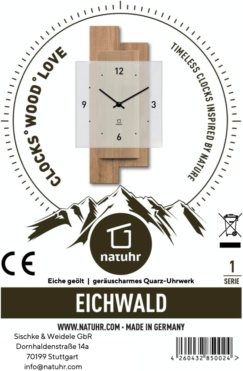 Natuhr Wanduhr Holz Eichwald Modern geräuscharm Eiche Mineralglas U.T.S. Uhrwerk (Eiche geölt, Quarz