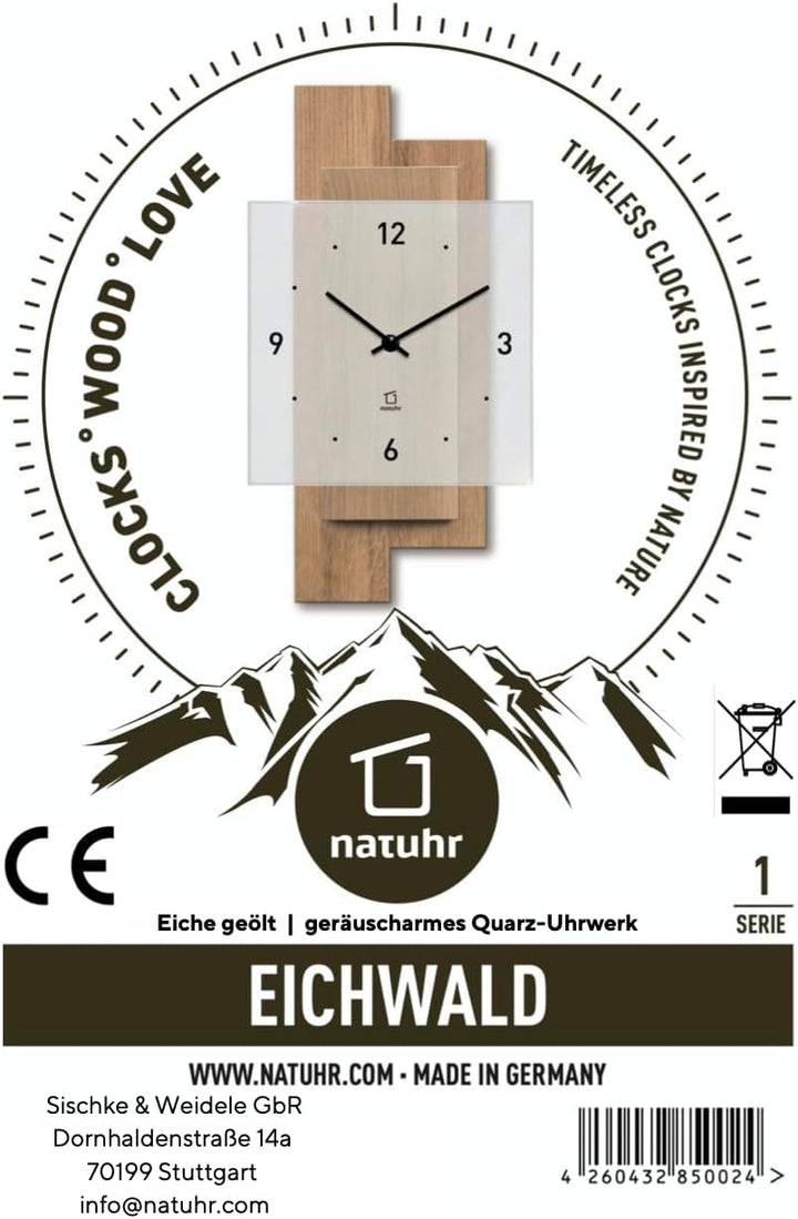 Natuhr Wanduhr Holz Eichwald Modern geräuscharm Eiche Mineralglas U.T.S. Uhrwerk (Eiche geölt, Quarz