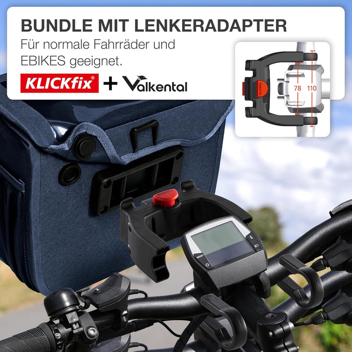 Valkental® x KLICKfix® - wasserdichte Lenkertasche | 7L Volumen | Robuste Fahrradtasche Lenker mit M