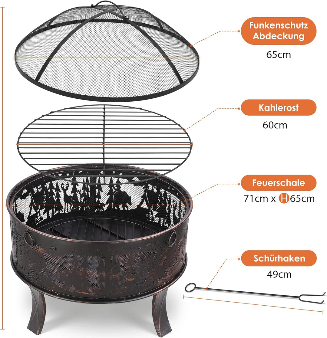 Feuerschale, Feuerschale Garten, Feuerkorb mit Funkenschutz, Feuerstelle Retro-Look, inkl. Poker & K