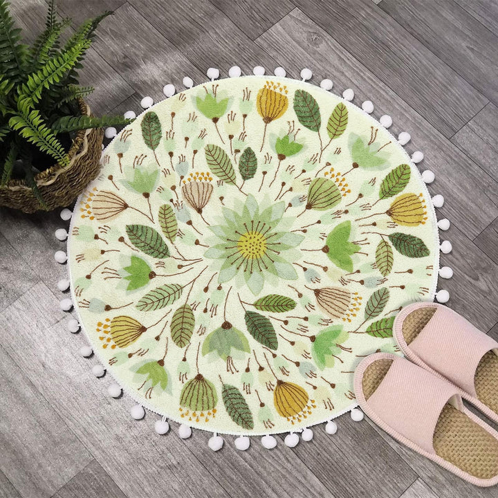 Uphome Kleiner runder Teppich, 60 cm Kreis, niedliche Badematte mit Pompons, Fransen, Blumenpflanze,