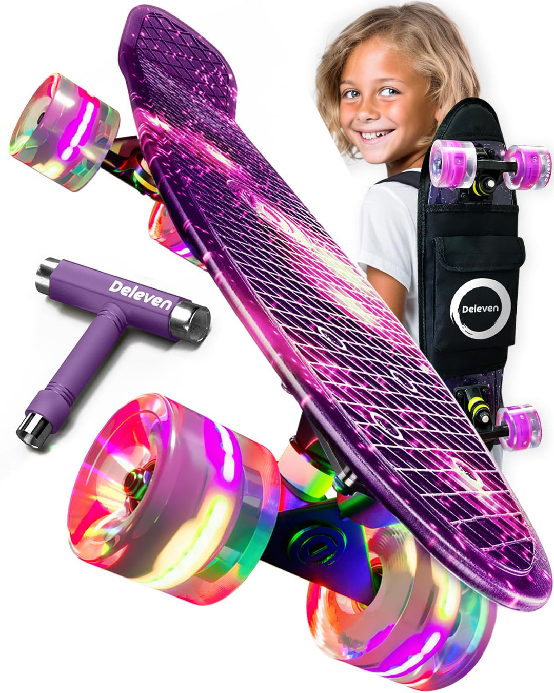 Deleven Skateboard mit Tragetasche, LED Rollen, Skate Tool und ABEC 7 Lager - Kinder Erwachsene Anfä