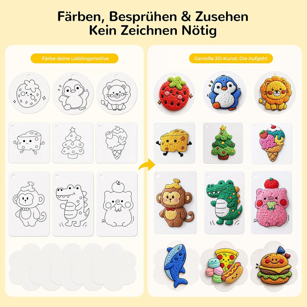 95 Pcs Magic Puffy Paint Nachfüllset – 75 Blätter 3D Schaumtextur, 3 Wasserpinsel, 10 Schlüsselanhän