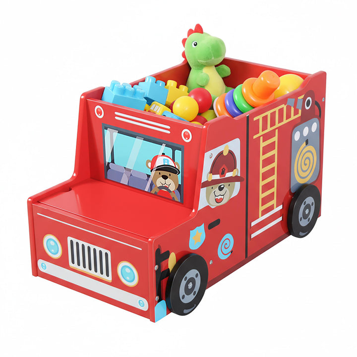 Relaxdays Spielzeugkiste Feuerwehr, Kinderzimmer, HBT: 34 x 60 x 32 cm, Spielzeugbox mit Stauraum &
