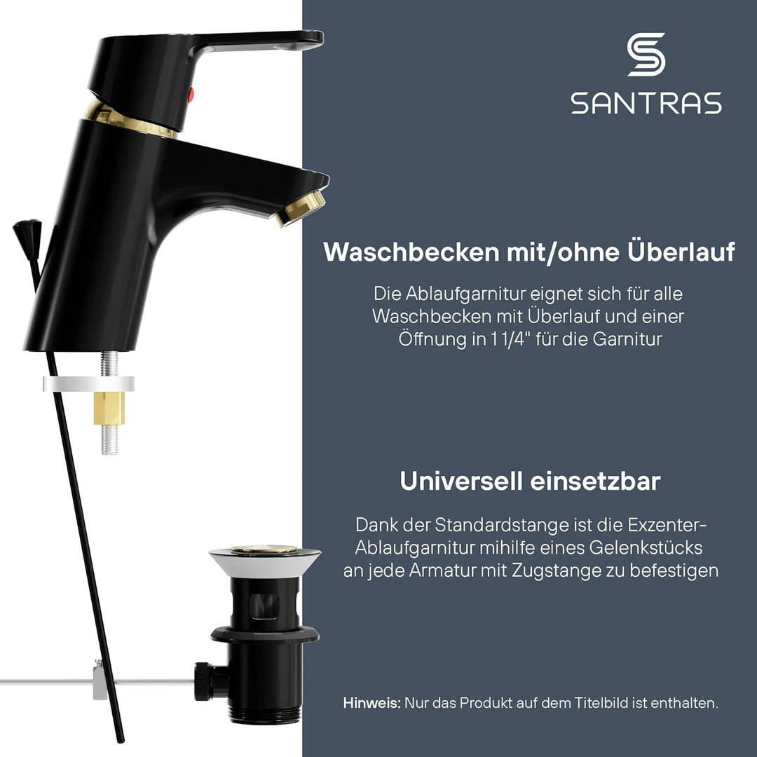 SANTRAS® Exzenter Ablaufgarnitur Premium für Waschtisch mit Schutz vor Überlauf in Schwarz/Gold – Ko