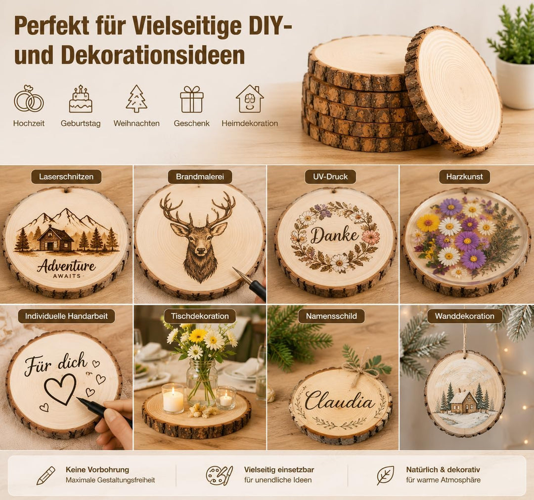 12er Set Holzscheiben 20 cm Durchmesser,Baumscheiben Naturholz mit Rinde,Runde Holzscheiben zum Bast
