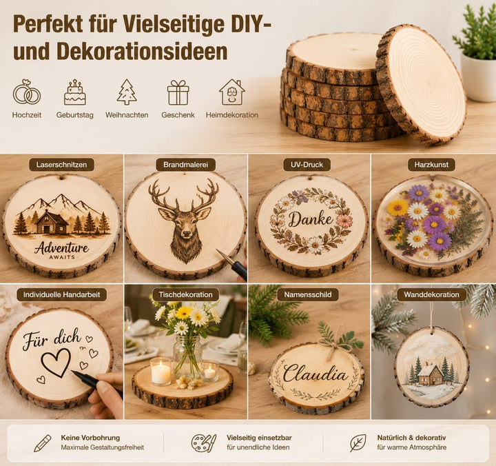 12er Set Holzscheiben 20 cm Durchmesser,Baumscheiben Naturholz mit Rinde,Runde Holzscheiben zum Bast