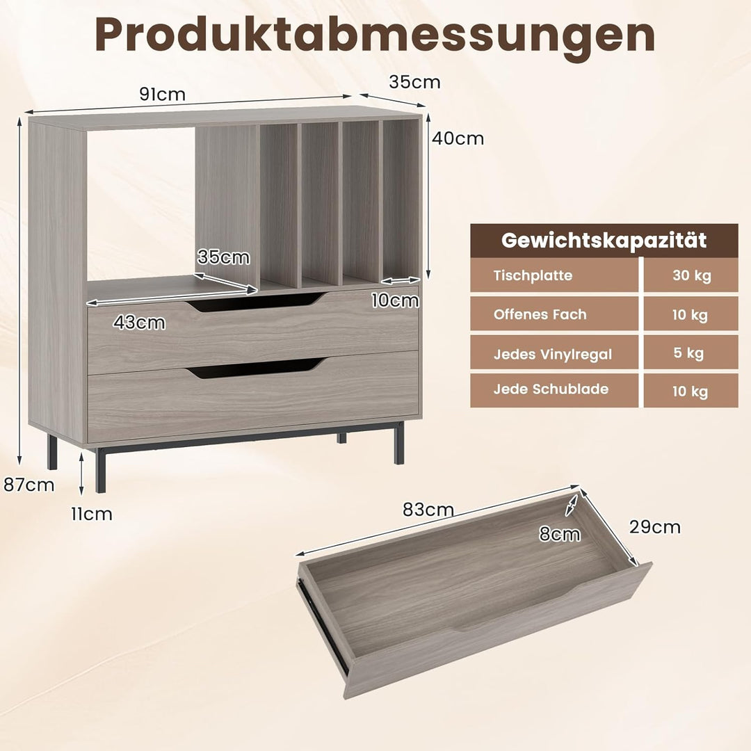 COSTWAY Plattenspielerständer, Mittelalter Plattenspielertisch mit offenem Fach, 4 Vinyl-Fächern & 2