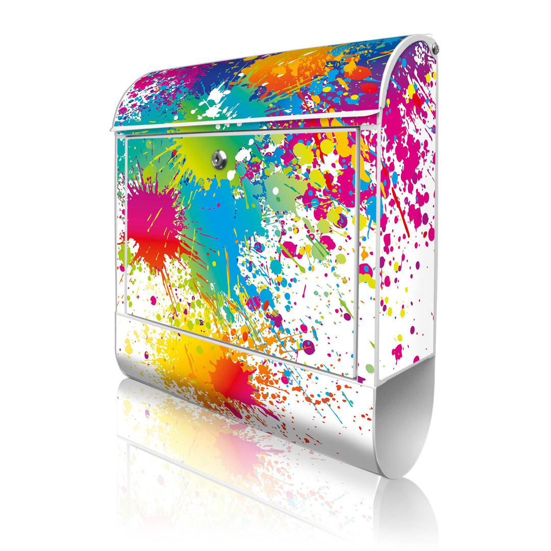 banjado® Design Briefkasten mit Motiv Farbspritzer 39x47x14cm &amp; 2 Schlüssel - Briefkasten Stahl weis