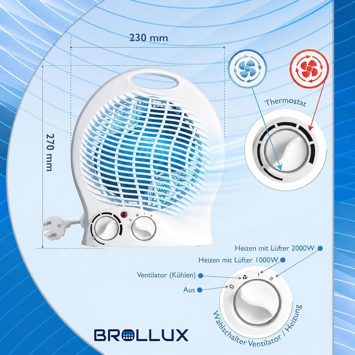 Brollux Elektroheizung 2000W mobiles Heizgerät FH3 Thermoventilator Heizlüfter Spiralheizkörper Heiz