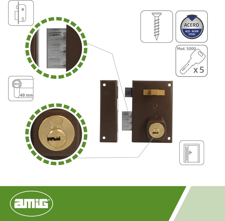 Amig - Überfüllschloss links mit Hebel, Zunge und Griff für Holztüren Mod. 75 | 72 x 112 mm | Sicher