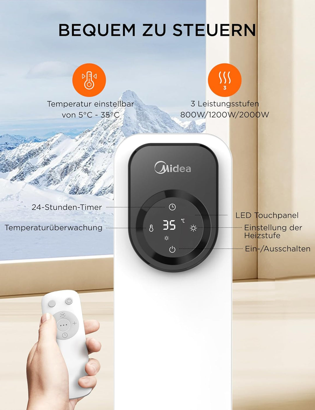 Midea NY2009-24UR Ölradiator, Mobile Elektroheizung 9 Rippenmit Fernbedienung und LED Touchscreen，Ra