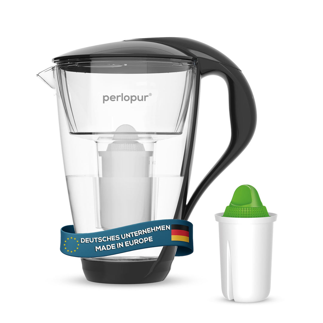 GLAS-Wasserfilter PerloPur (schwarz) mit 1 Alkaline classic Filterkartusche - Made in EU schwarz Alk