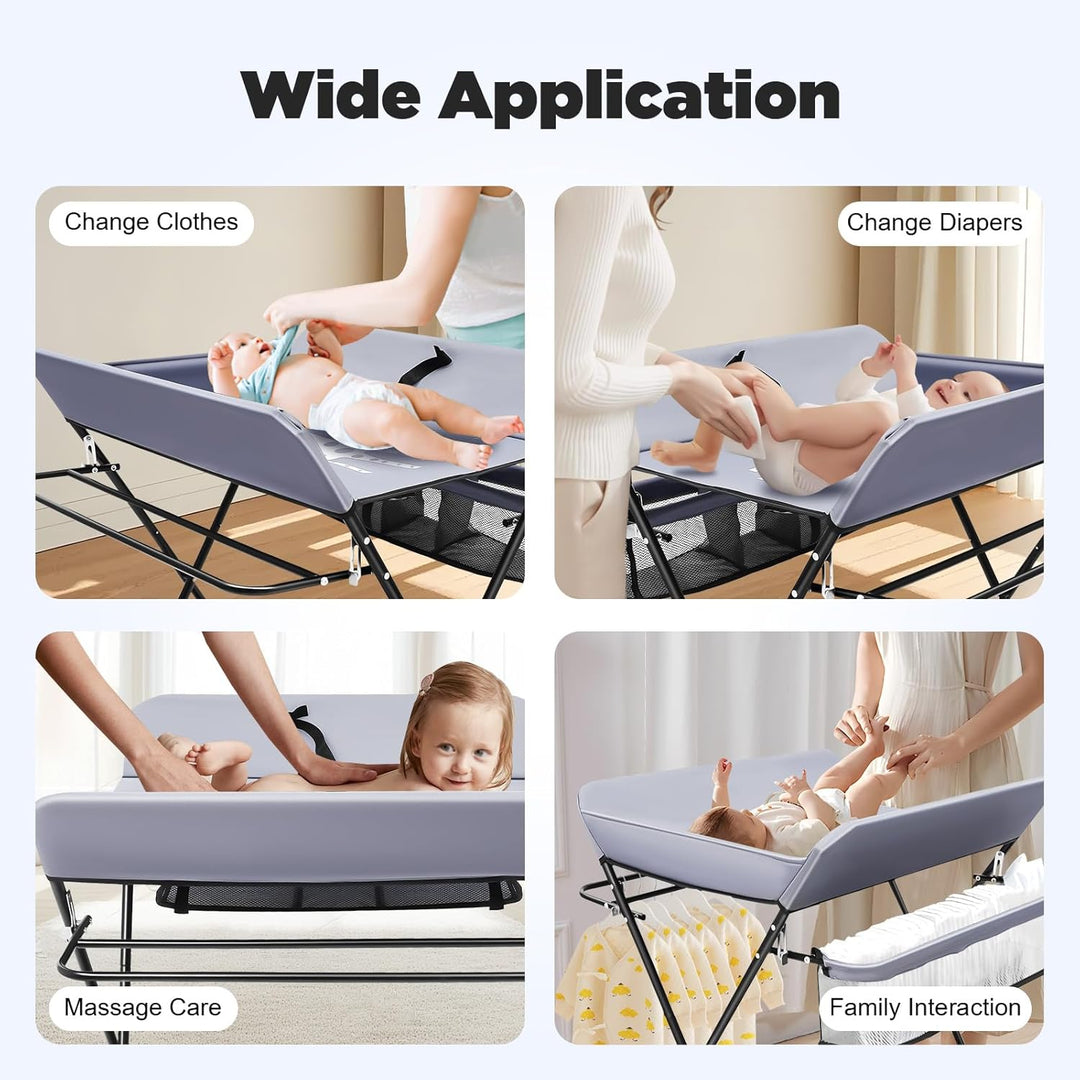 Baby Wickelkombi, Klappbar Wickelkommode, Mobiler Wickeltisch mit Wickelauflage, Sicherheitsgurt und