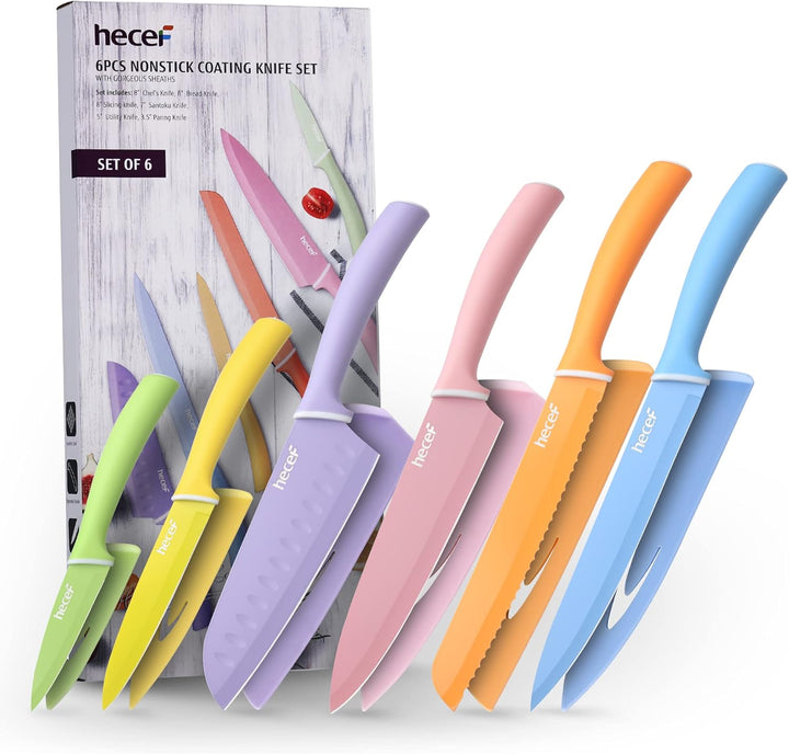hecef 6 Teilig Messer Set, Küchenmesser Set Bunte Non-Stick, Scharfe Messerset Edelstahl, Profi Koch