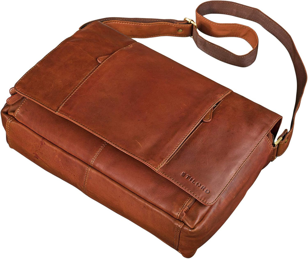 STILORD 'Erik' Vintage Schultertasche Leder braun 15,6 Zoll Notebooktasche Umhängetasche Herren und
