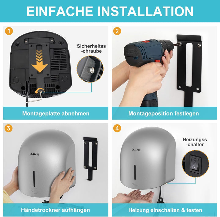 AIKE GentleAir Warmluft Handtrockner, Leise für Zuhause & Bäder, AC220V-240V, Sterntal Silber, Stern