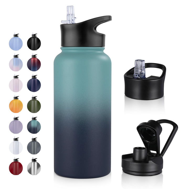 Edelstahl Trinkflasche - 1L - mit Strohhalm,Auslaufsicher,Kohlensäure Geeignet,BPA frei Thermosflasc