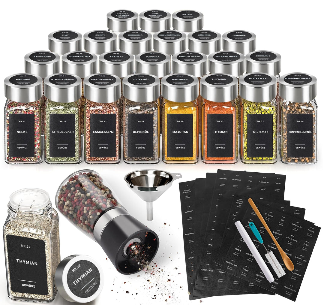 Gewürzgläser Eckig 24 Stück mit Edelstahl-Deckel & Gewürzmühle – Luftdichte Gewürzdosen Set inkl. 20
