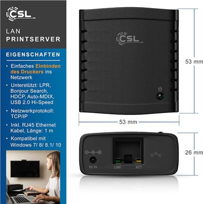 CSL - LAN Printserver Druckerserver - Fast Ethernet - USB2.0 High Speed - LRP Print Server für Windo