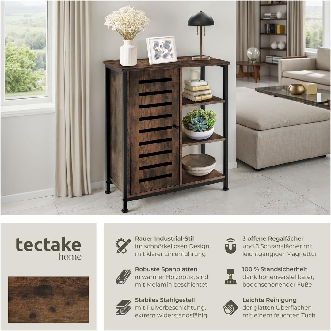 tectake Sideboard mit 3 Fächern und Schrankfach, 71 x 32 x 82 cm, Industrie-Design, Holz Kommode für