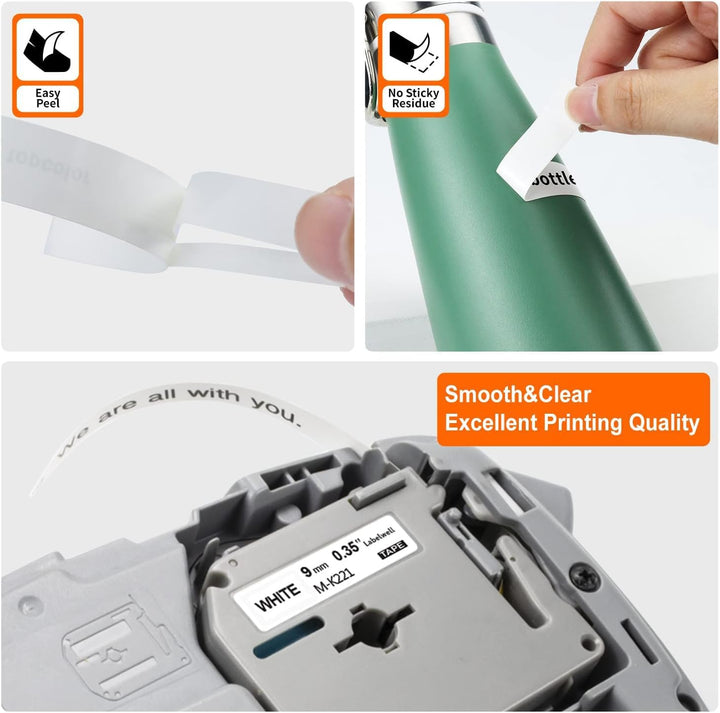 6x Labelwell kompatibel für Brother MK-221 9mm 3/8 White Ersatz für MK-221S MK221 MK221S Schriftband