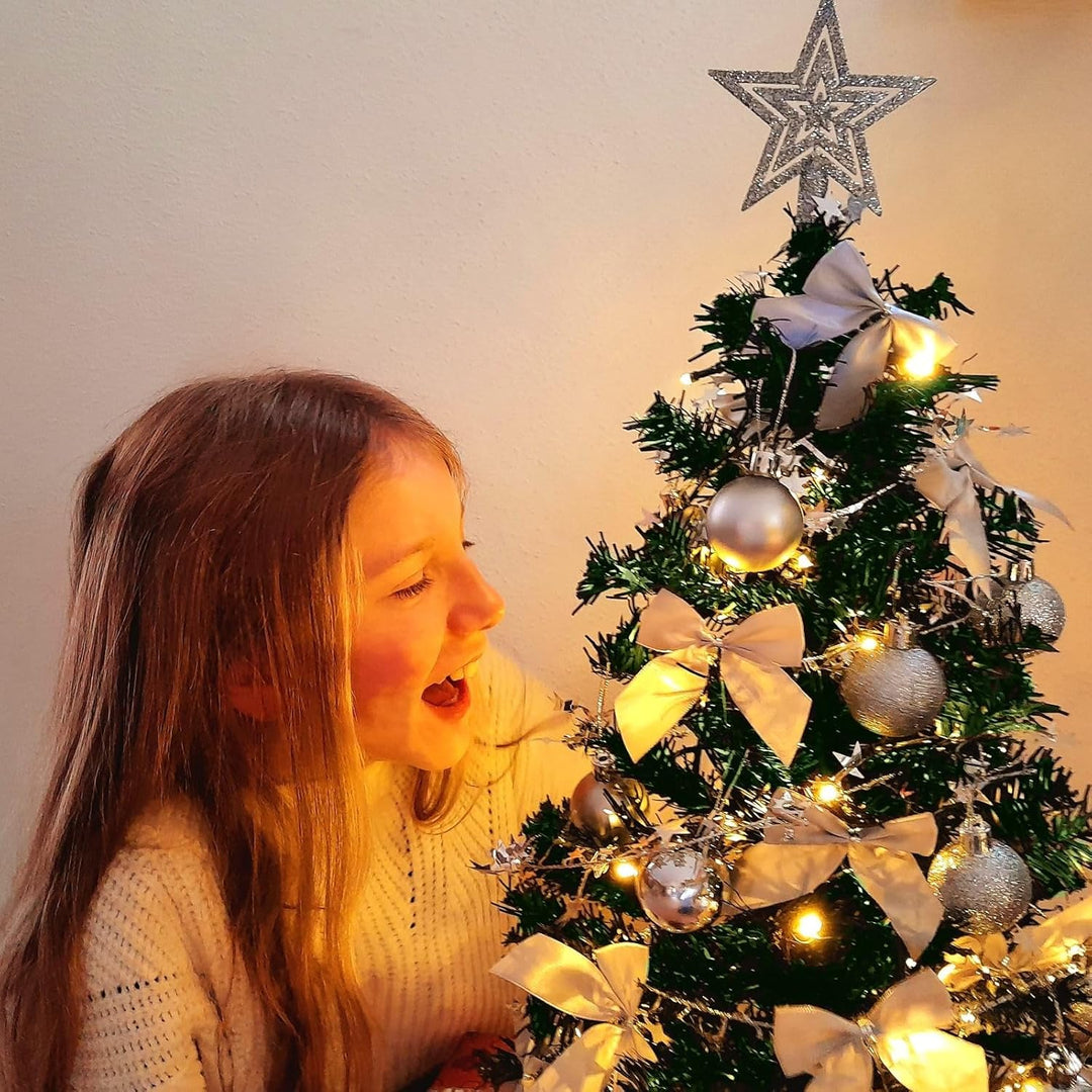 Weihnachtsbaum künstlich (WBD) 60 cm grün mit Weihnachtsdeko Silber und Led Lichterkette mit Batteri