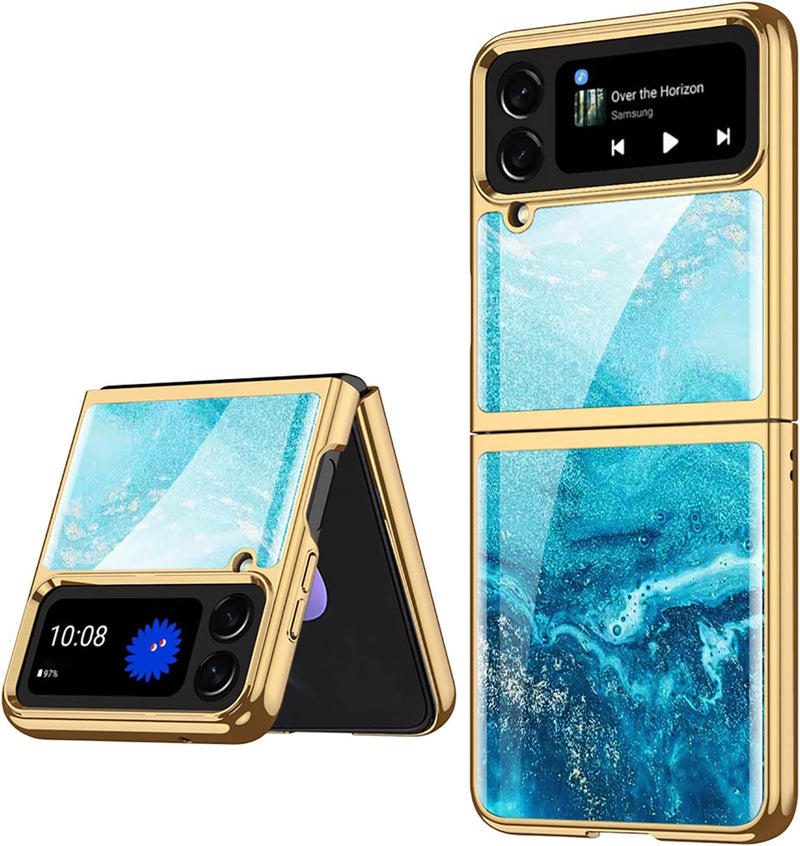 COQUE Galaxy Z Flip 4 5G Hülle,ultradünnes 9H Glas glänzend lackierte Handyhülle,Faltbare Handyhülle