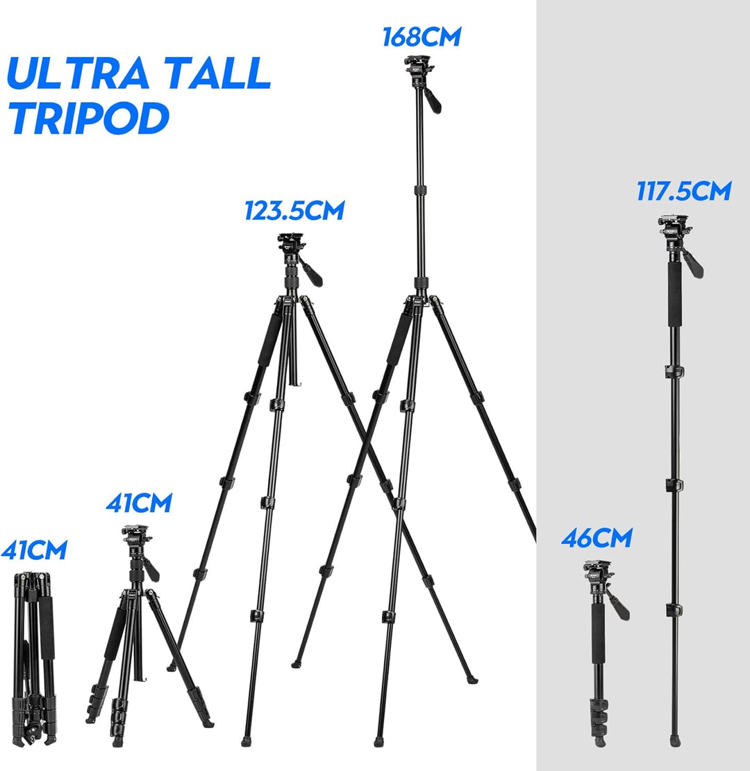 Fotopro 168CM/66inch Video stativ, Aluminium-Reisestativ und Einbeinstativ mit 360 ° Fluidkopf, prof