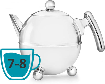 Bredemeijer bauchige runde doppelwandige Edelstahl Teekanne 1.5 Liter mit chromfarbenen Griff 1,5 l,