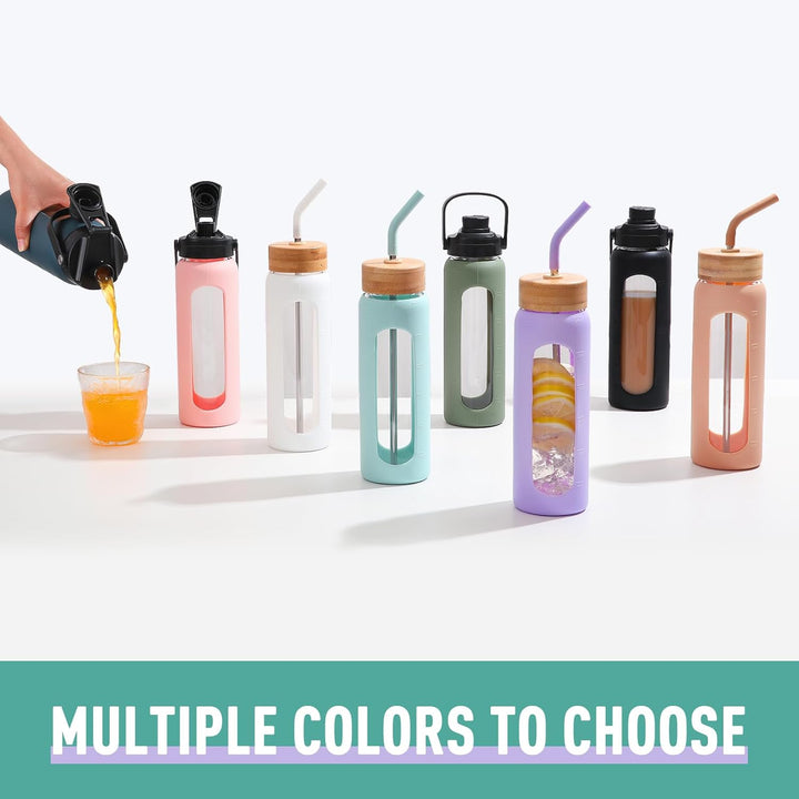 BLUEGO 700ml Glaswasserflasche mit Strohhalm und 2 Deckeln Kaffeetasse aus Glas mit Zeitmarkierung u
