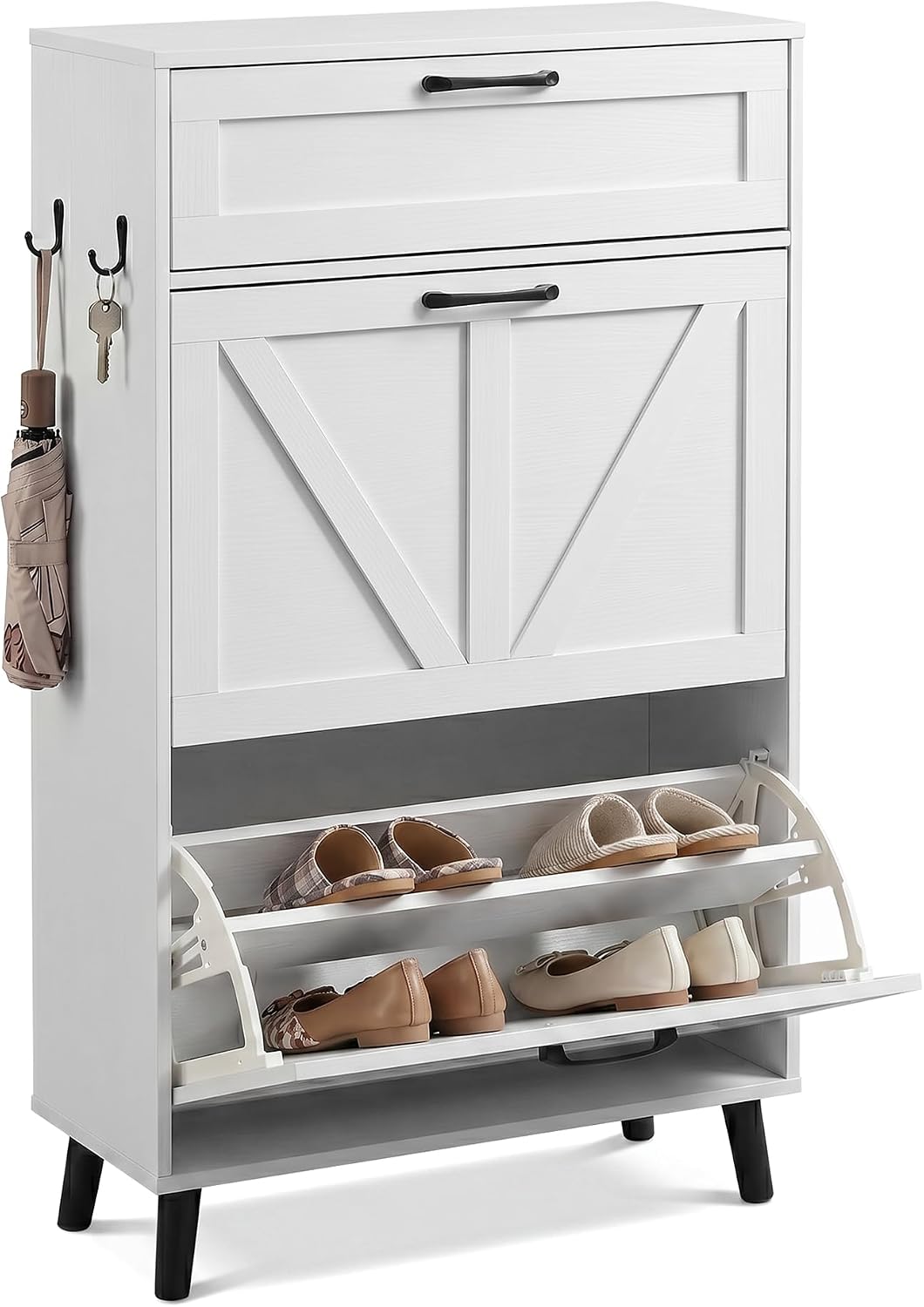 BonVache Schuhschrank schmal, Schuhkipper mit 2 Klappen&amp;Schublade, Schuhregal mit Trennwände verstel